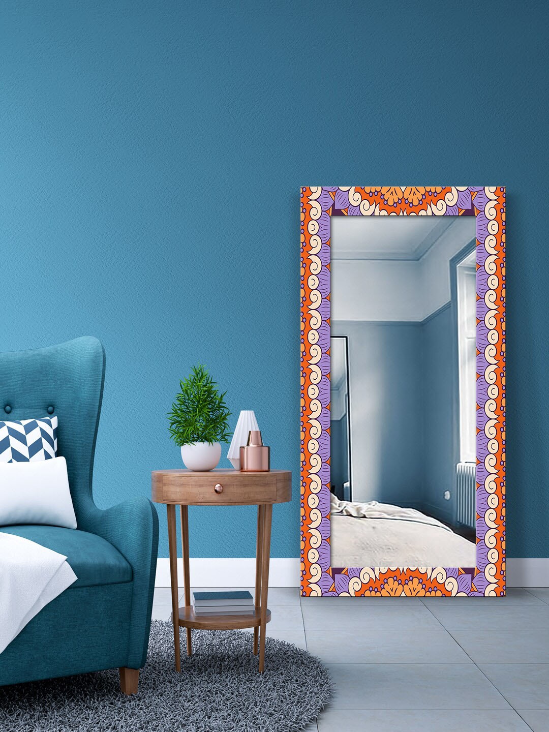 

999Store Orange & Purple Mandala Printed Rectangular Floor Mirror