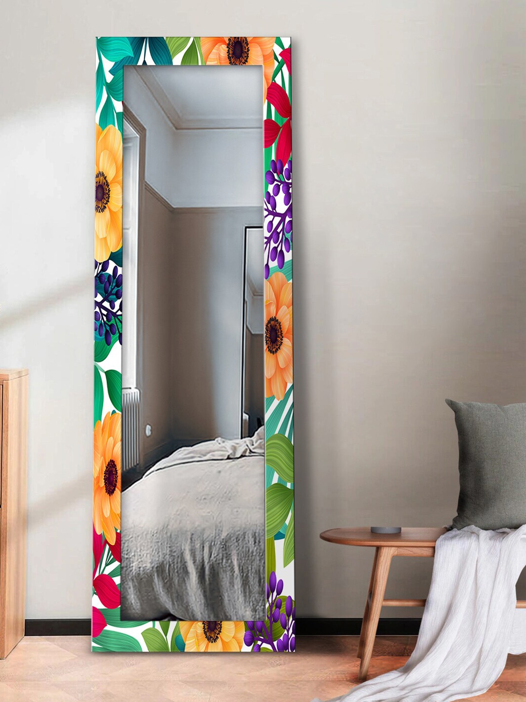 

999Store Yellow & Blue Tropical Printed Rectangular Floor Mirror