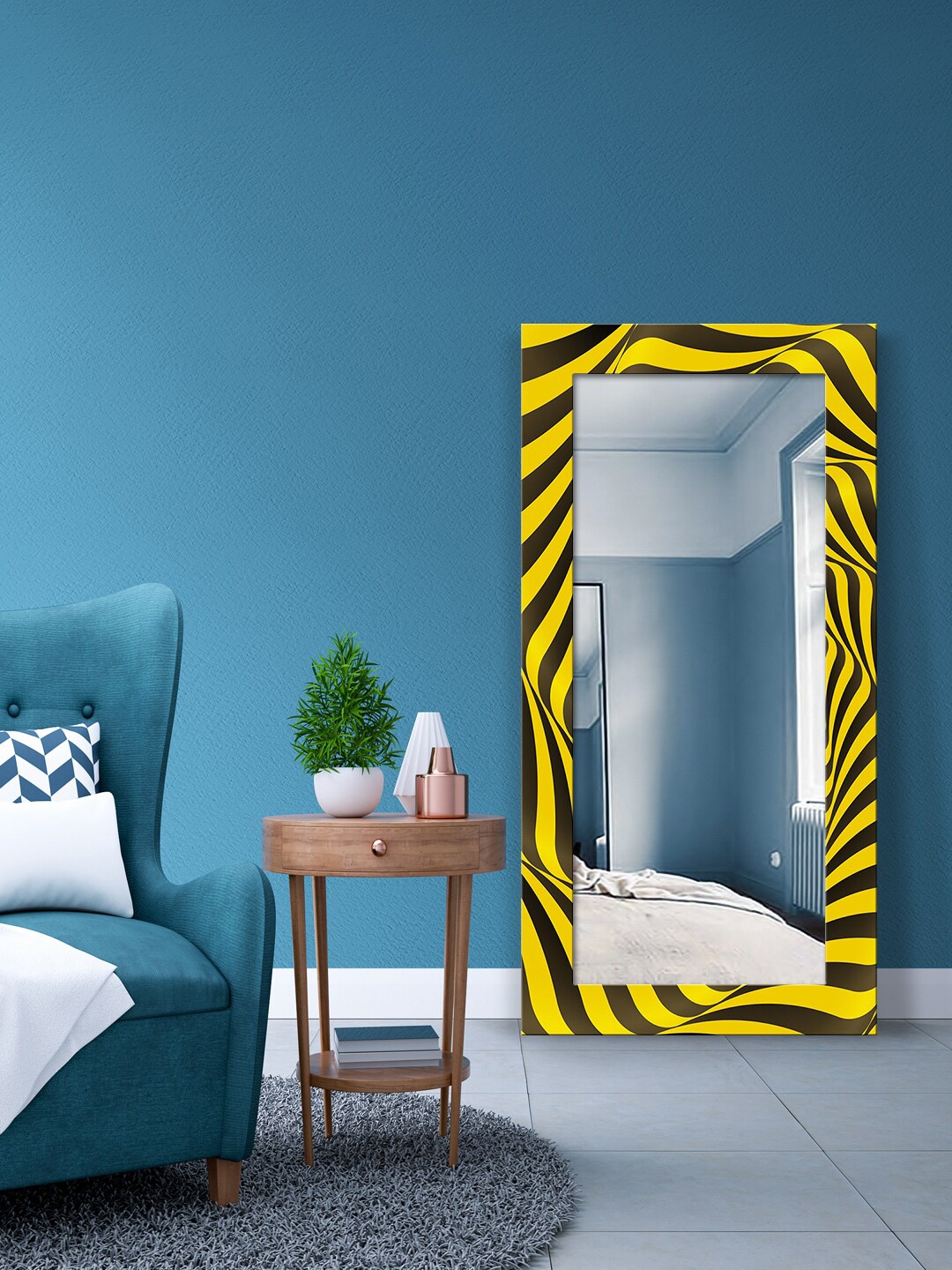 

999Store Yellow & Black Psychedelic Optical Illusion Design Printed Wall Mirror