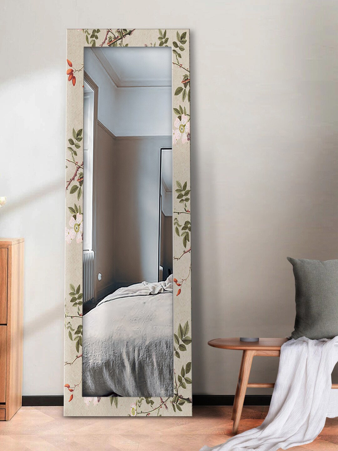 

999Store Beige & Green Floral Floral Leaves Printed Rectangular Long Wall Mirror