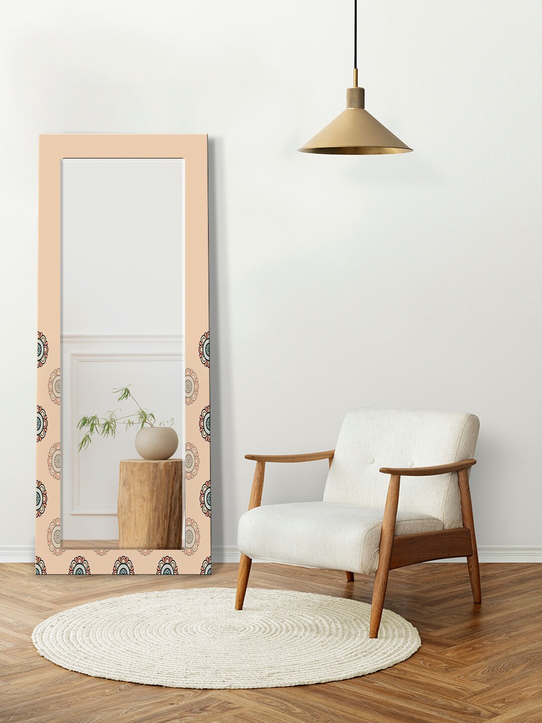 

999Store Beige & Mustard Yellow Geometric Mandala Design Rectangular Wall Mirror