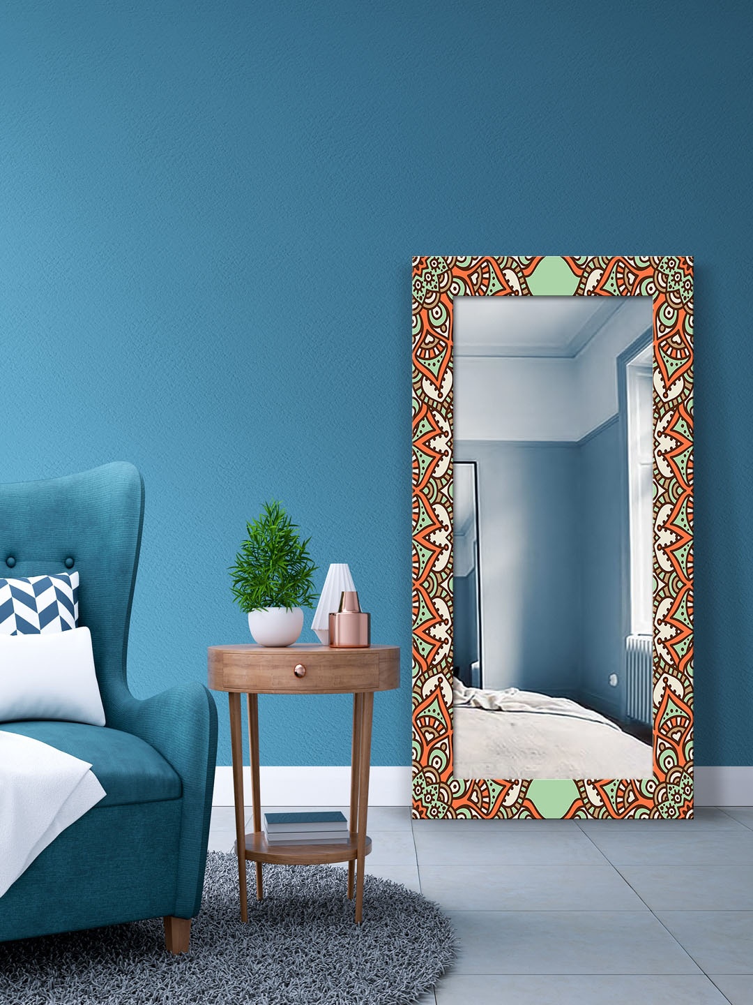 

999Store Orange & Green Mandala Printed Floor Mirror