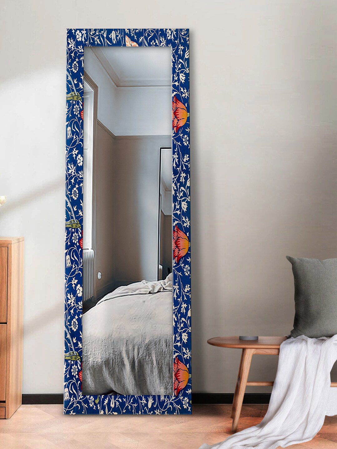 

999Store Blue & Off White Bohemian Floral Printed Rectangular Long Wall Mirror