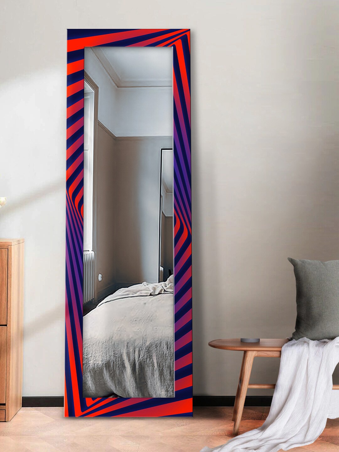 

999Store Red & Blue Psychedelic Optical Illusion Design Wooden Framed Long Wall Mirror