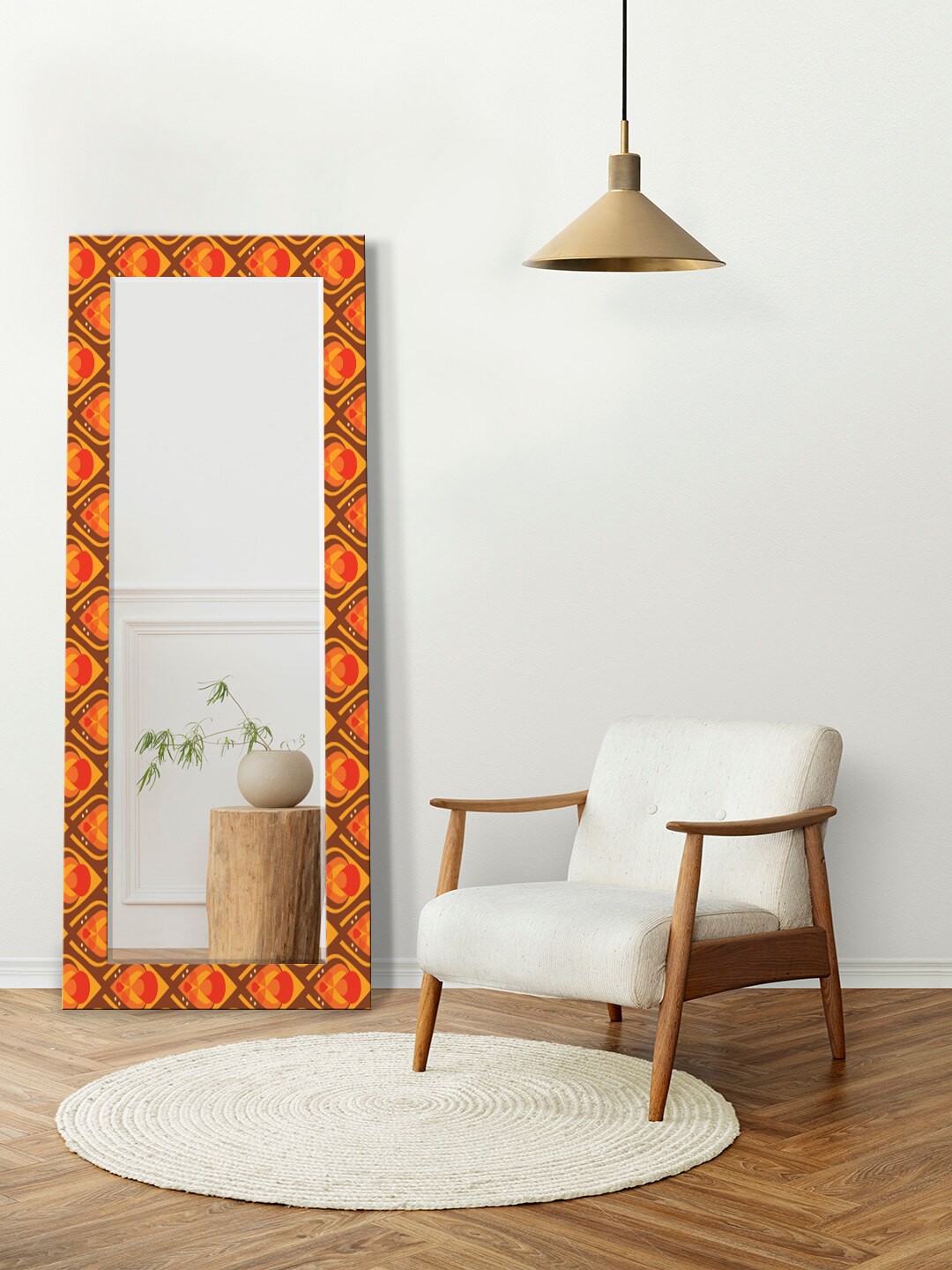 

999Store Brown & Orange-Coloured Printed Rectangular Floor Mirror