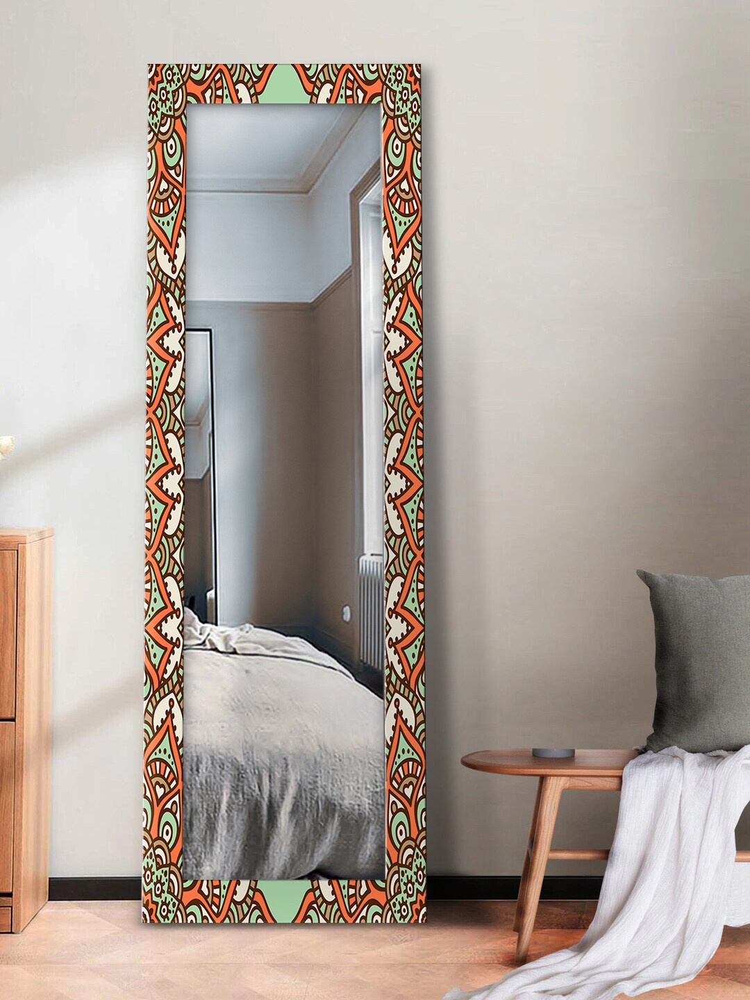 

999Store Orange & Green Mandala Printed Frame Wall Mirror