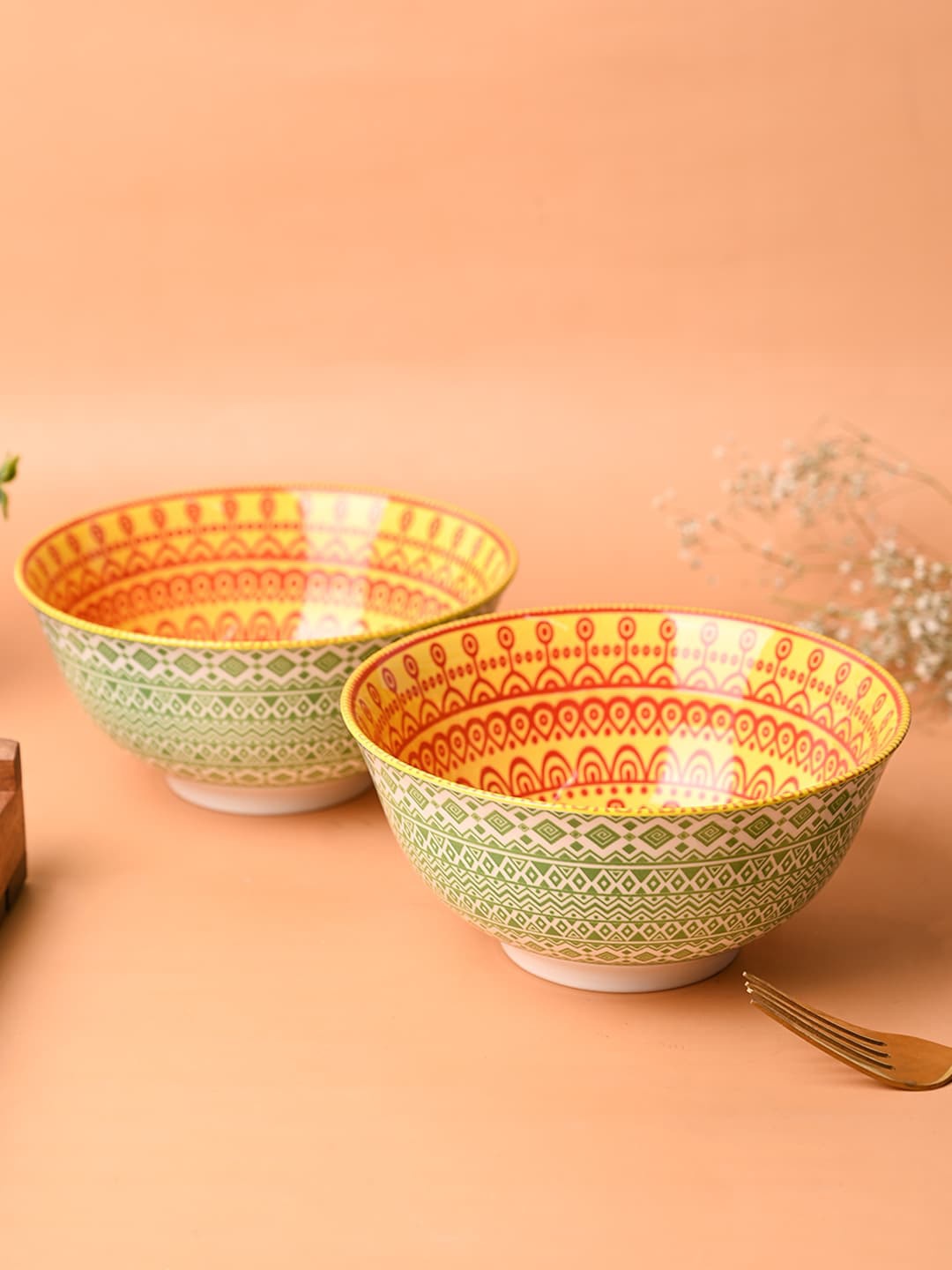 

MARKET99 Green & Yellow 2 Pieces Printed Ceramic Serving Bowls 650 ml