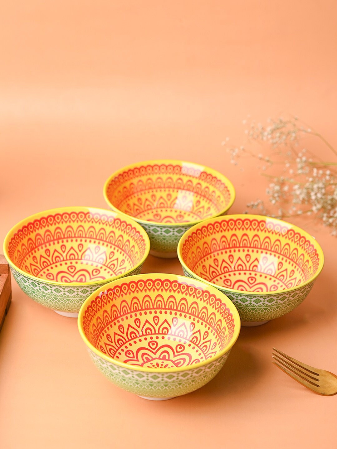

MARKET99 Orange & Green 4 Pieces Printed Ceramic Serving Bowls 280 ml