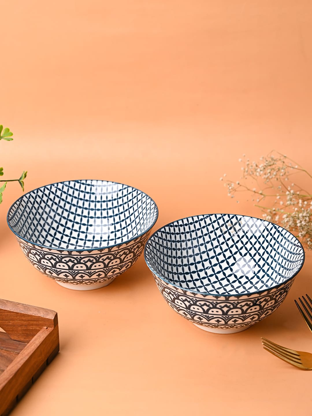 

MARKET99 Blue & White 2 Pieces Printed Ceramic Serving Bowls 650 ML Each