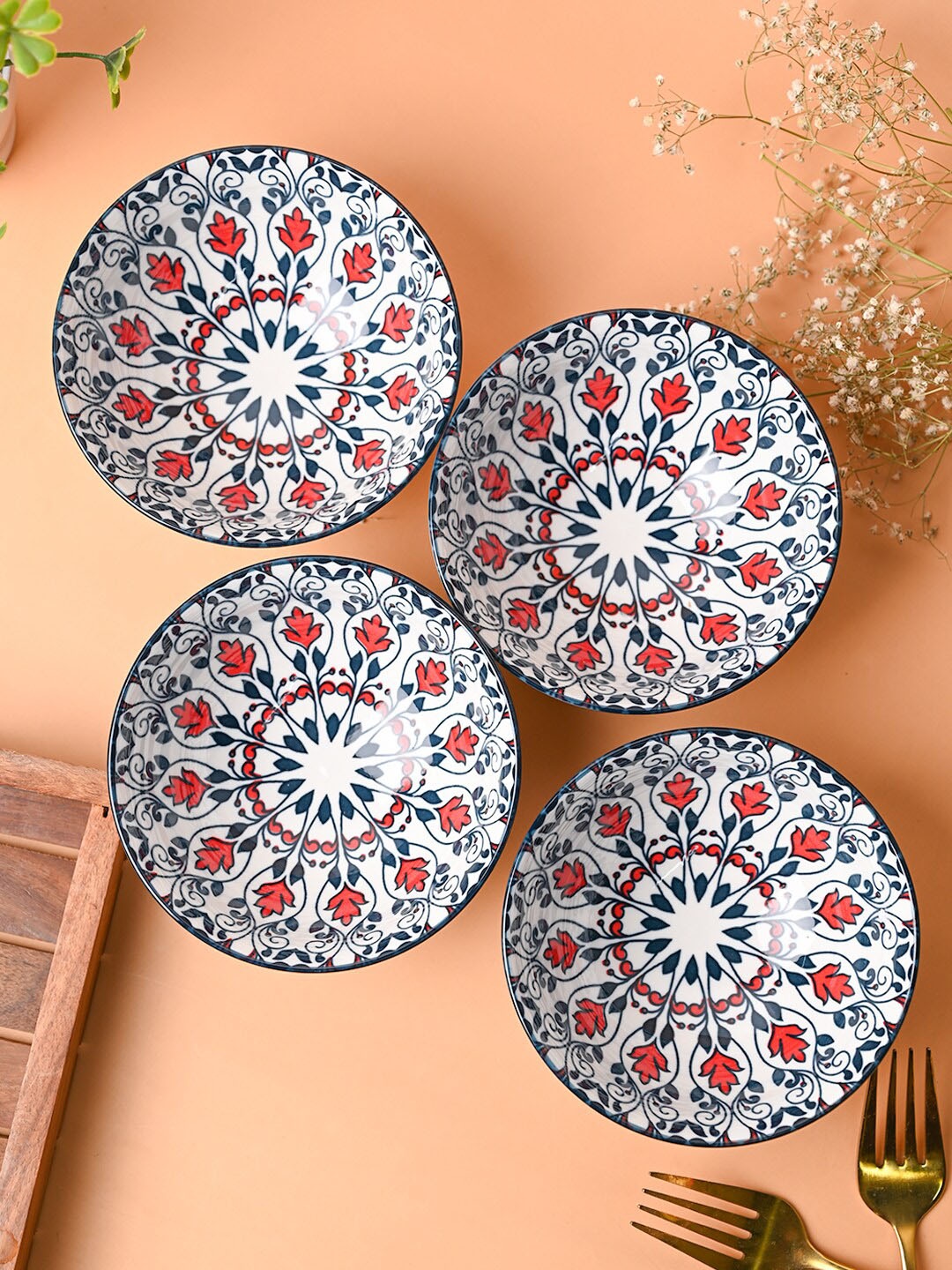 

MARKET99 White & Blue 4 Pieces Printed Ceramic Serving Bowls 280 ml