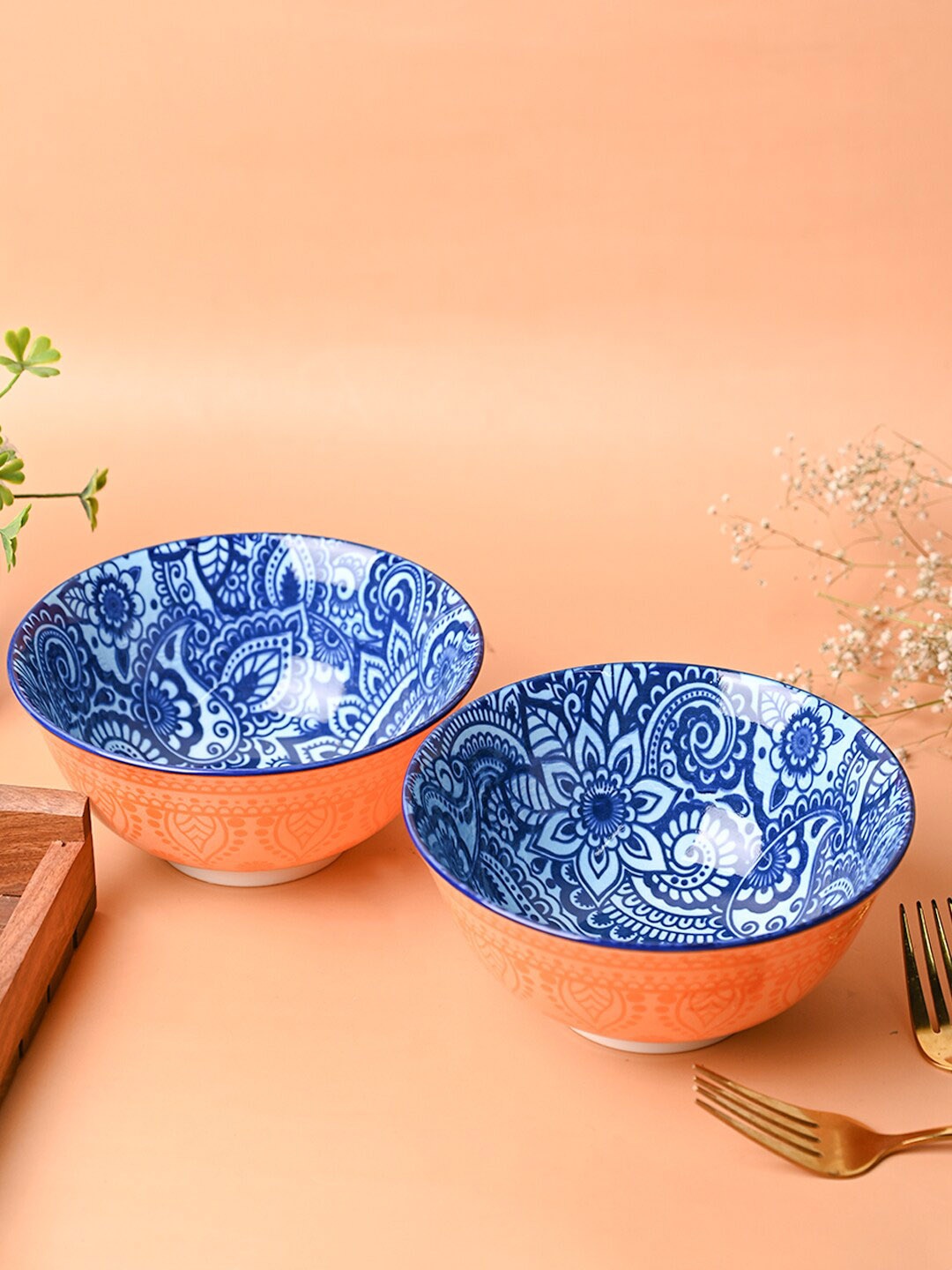 

MARKET99 Orange-Coloured & Blue 2 Pieces Printed Ceramic Serving Bowls 650 ml Each