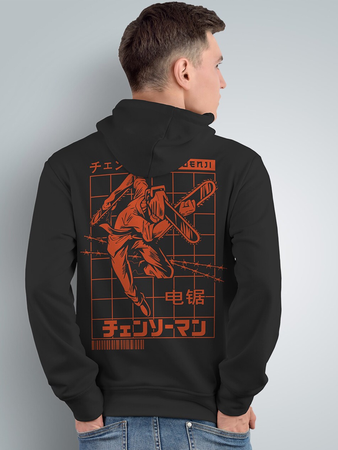 

Crazymonk Chainsawman X Pochita Printed Anime Hooded Cotton Pullover, Black