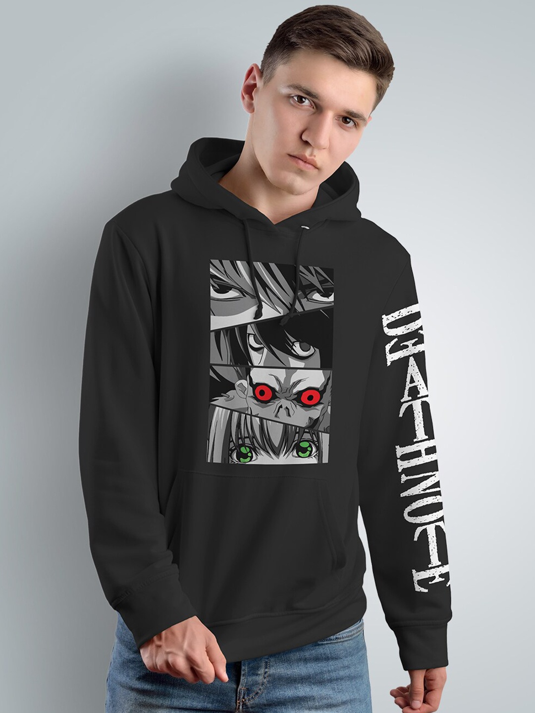 

Crazymonk Death Note Eyes Printed Anime Hooded Cotton Pullover, Black