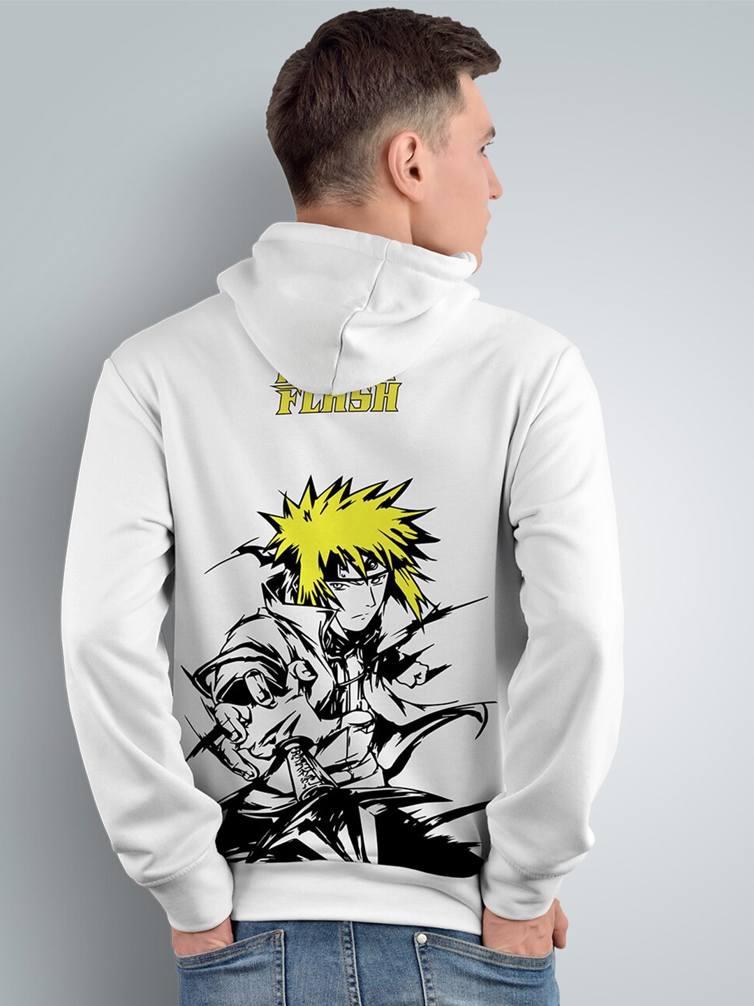 

Crazymonk Minato the Yellow Flash Printed Anime Hooded Cotton Sweatshirt, White