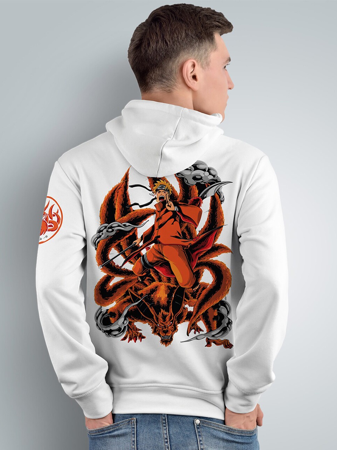 

Crazymonk Printed Anime Naruto Nine Tails Hooded Cotton Sweatshirt, White