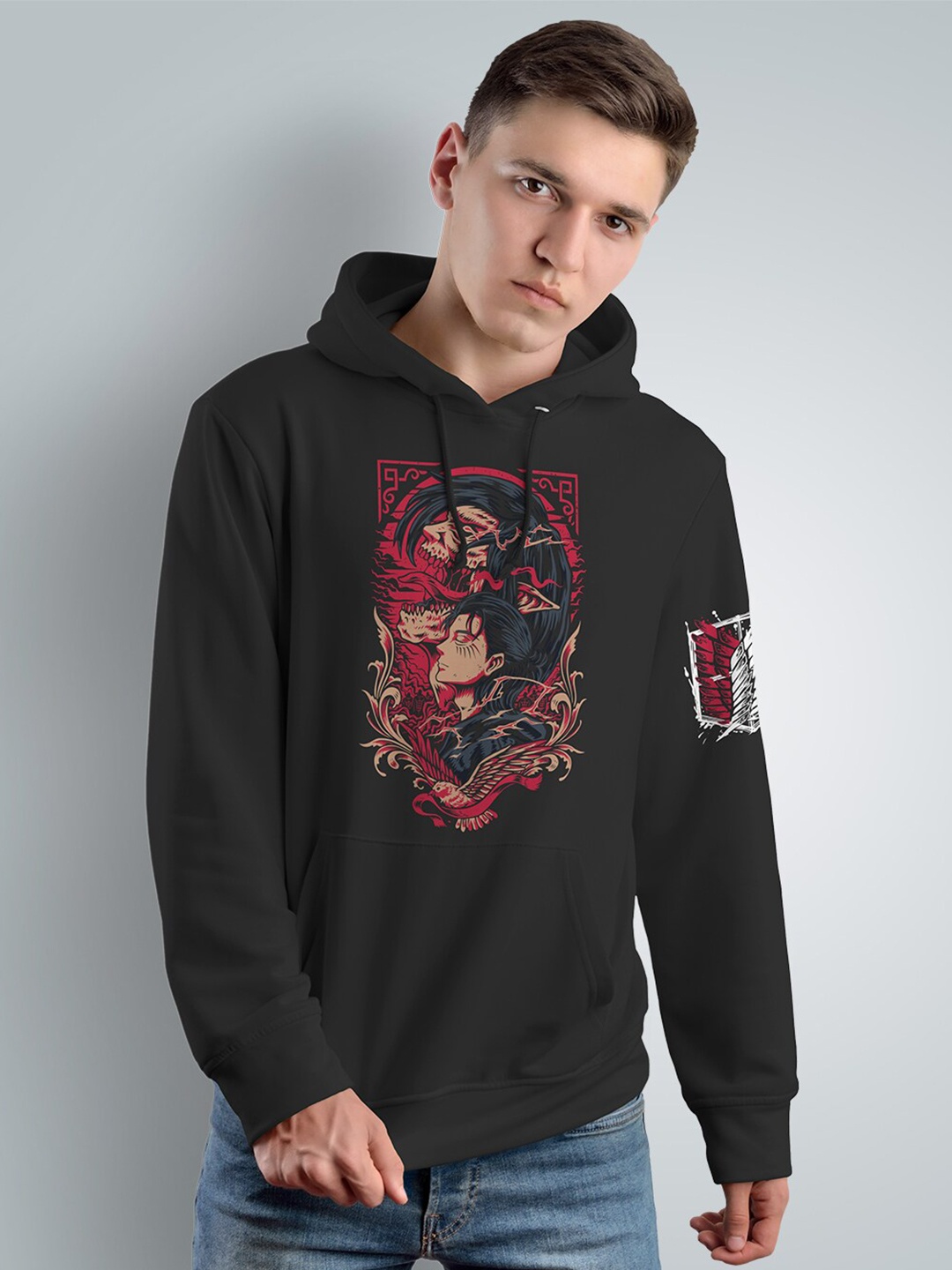 

Crazymonk Eren Yeager X Freedom Printed Anime Hooded Cotton Pullover, Black