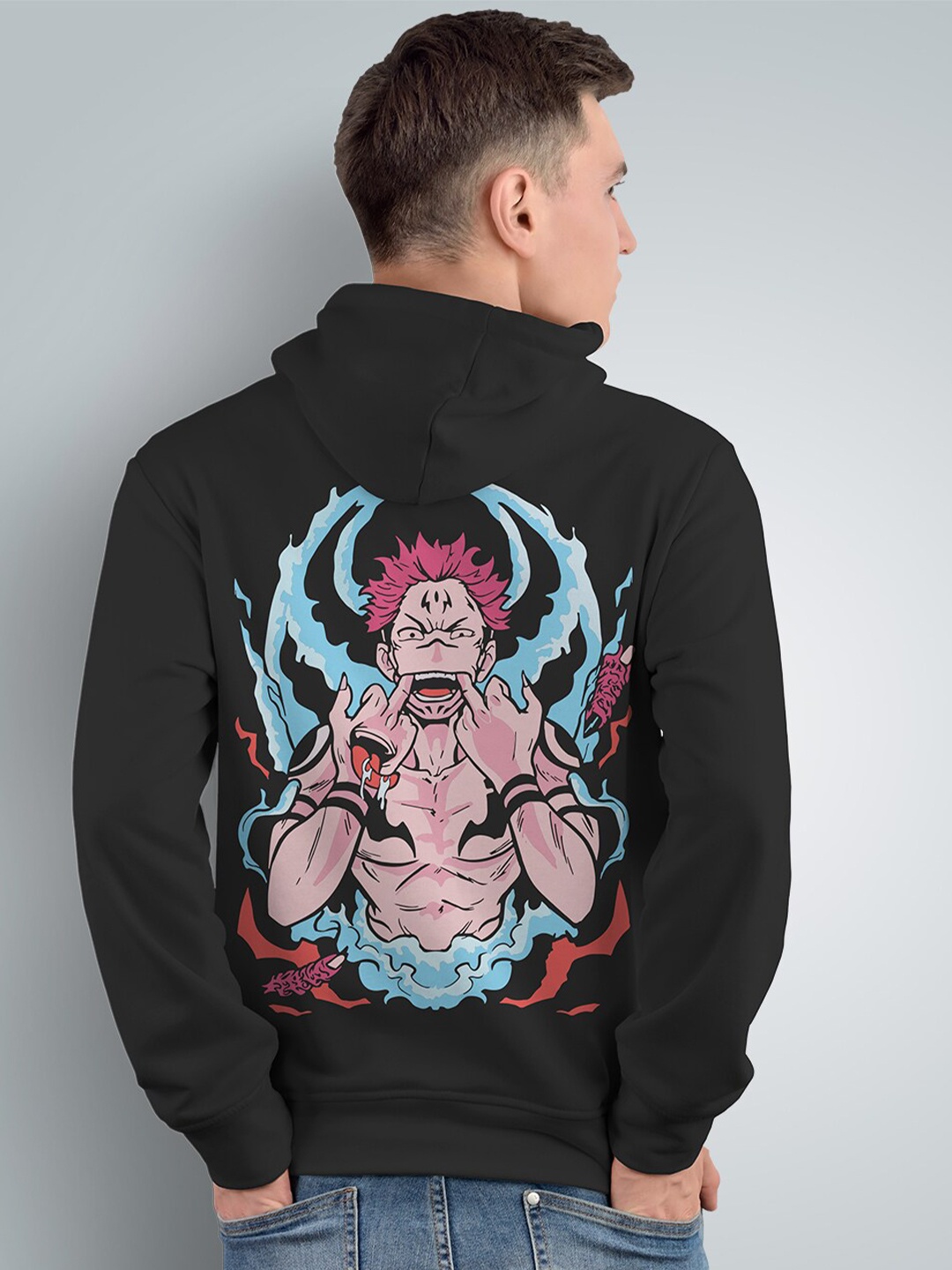 

Crazymonk Ryomen Sukuna Printed Anime Hooded Cotton Pullover, Black