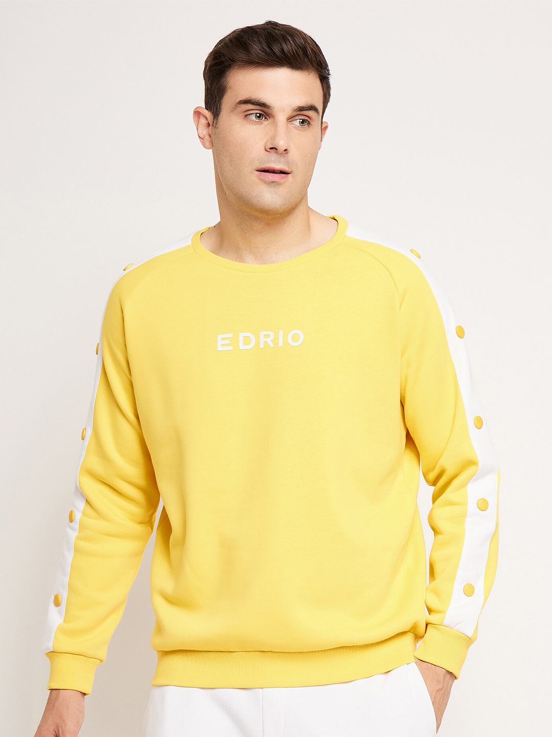 

EDRIO Typography Printed Round Neck Fleece Sweatshirt, Yellow