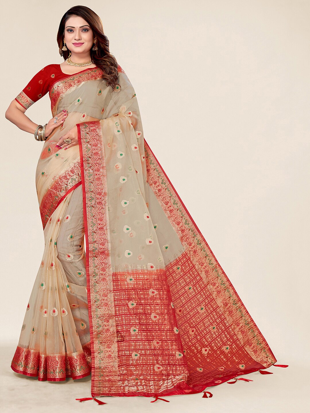 

DEVATITHI Ethnic Motifs Woven Design Zari Organza Saree, Beige
