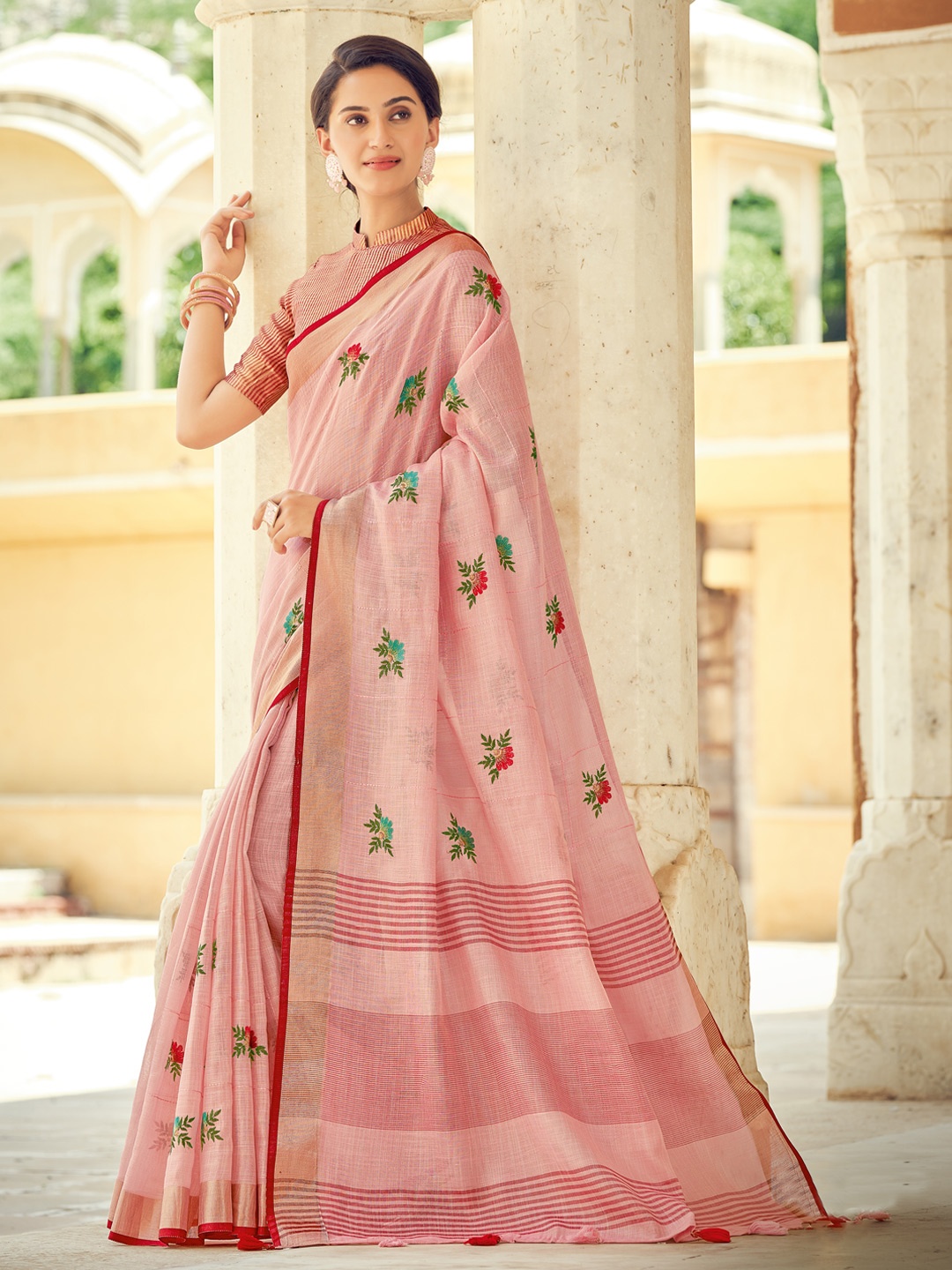 

DEVATITHI Floral Embroidered Zari Saree, Pink