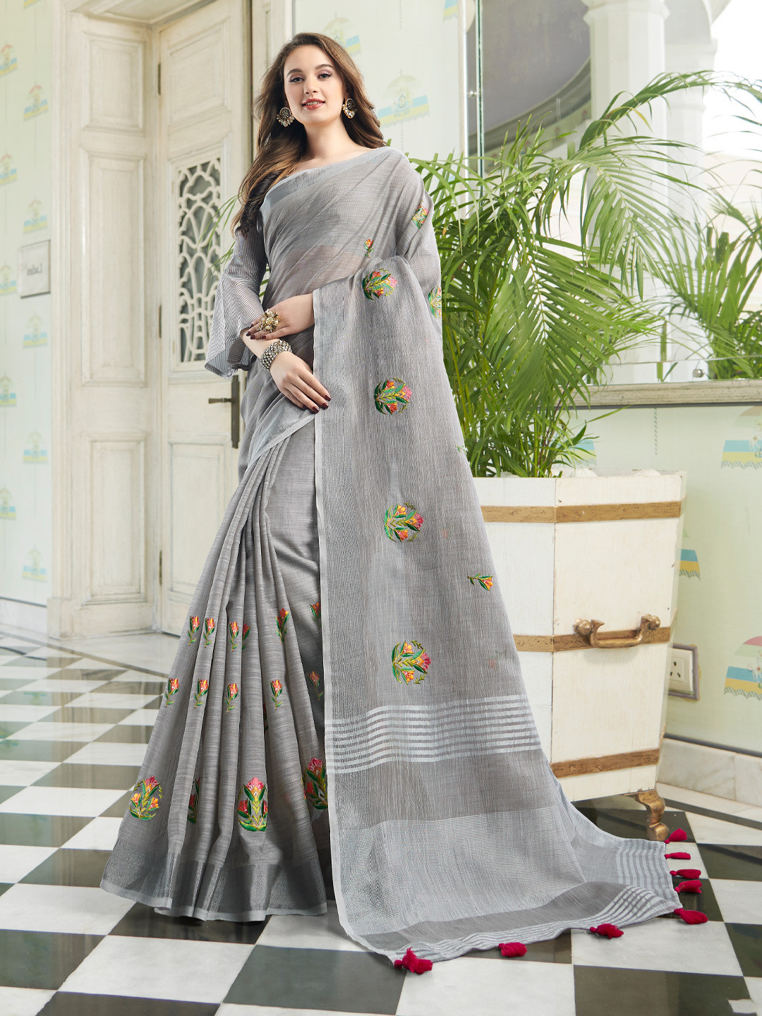 

DEVATITHI Floral Embroidered Linen Blend Saree, Grey