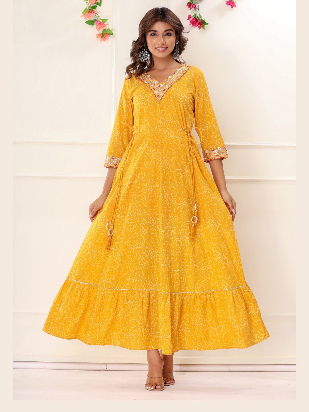 

VEDANA Polka Dots Printed Embellished Cotton Maxi Ethnic Dress, Yellow