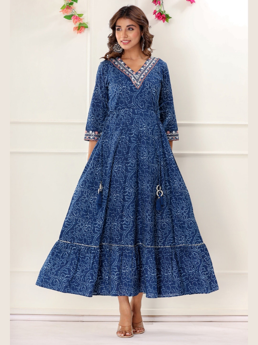 

VEDANA Polka Dots Printed Embellished Cotton Maxi Ethnic Dress, Blue