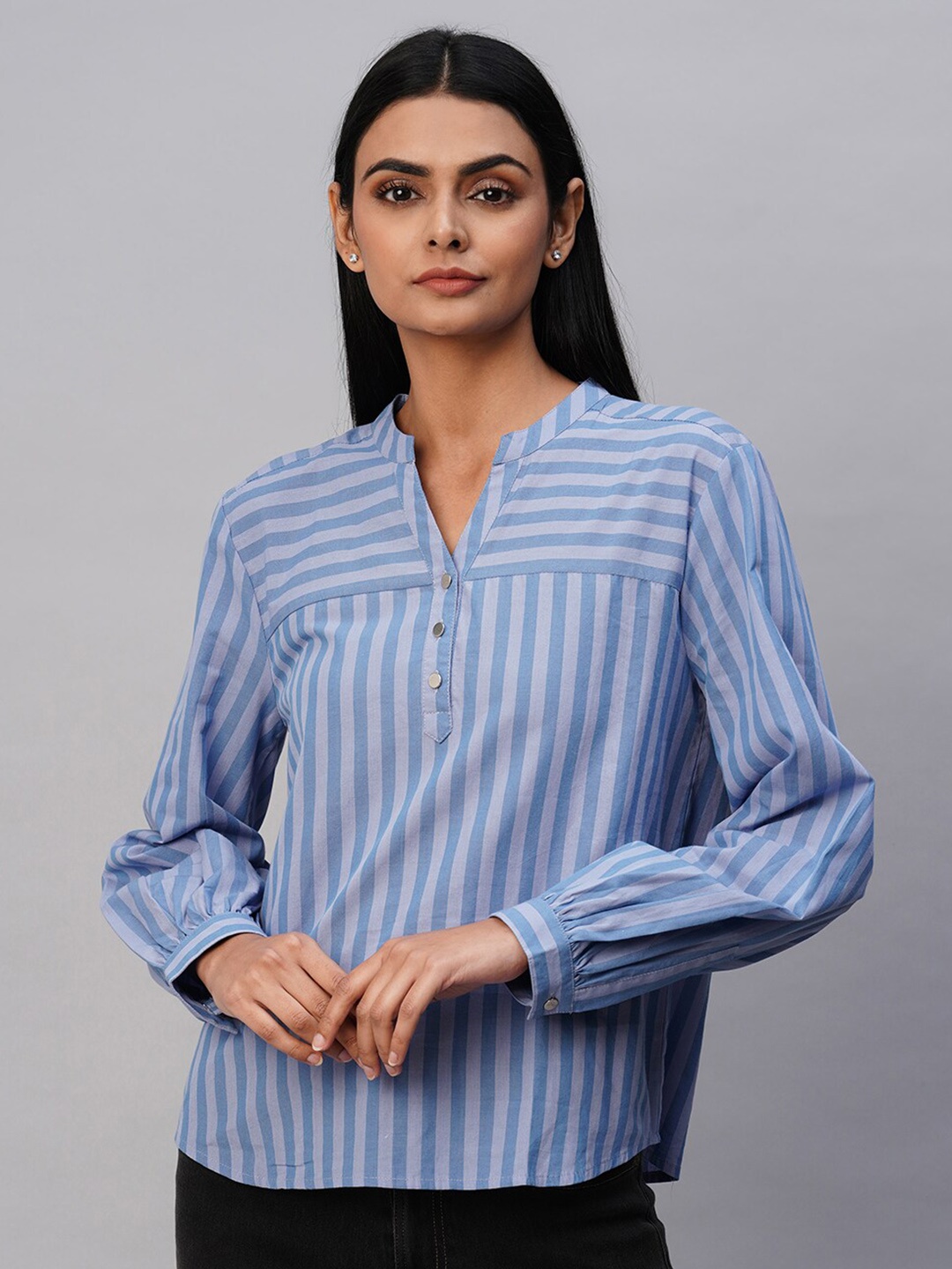 

Chemistry Striped Mandarin Collar Pure Cotton Shirt Style Top, Blue