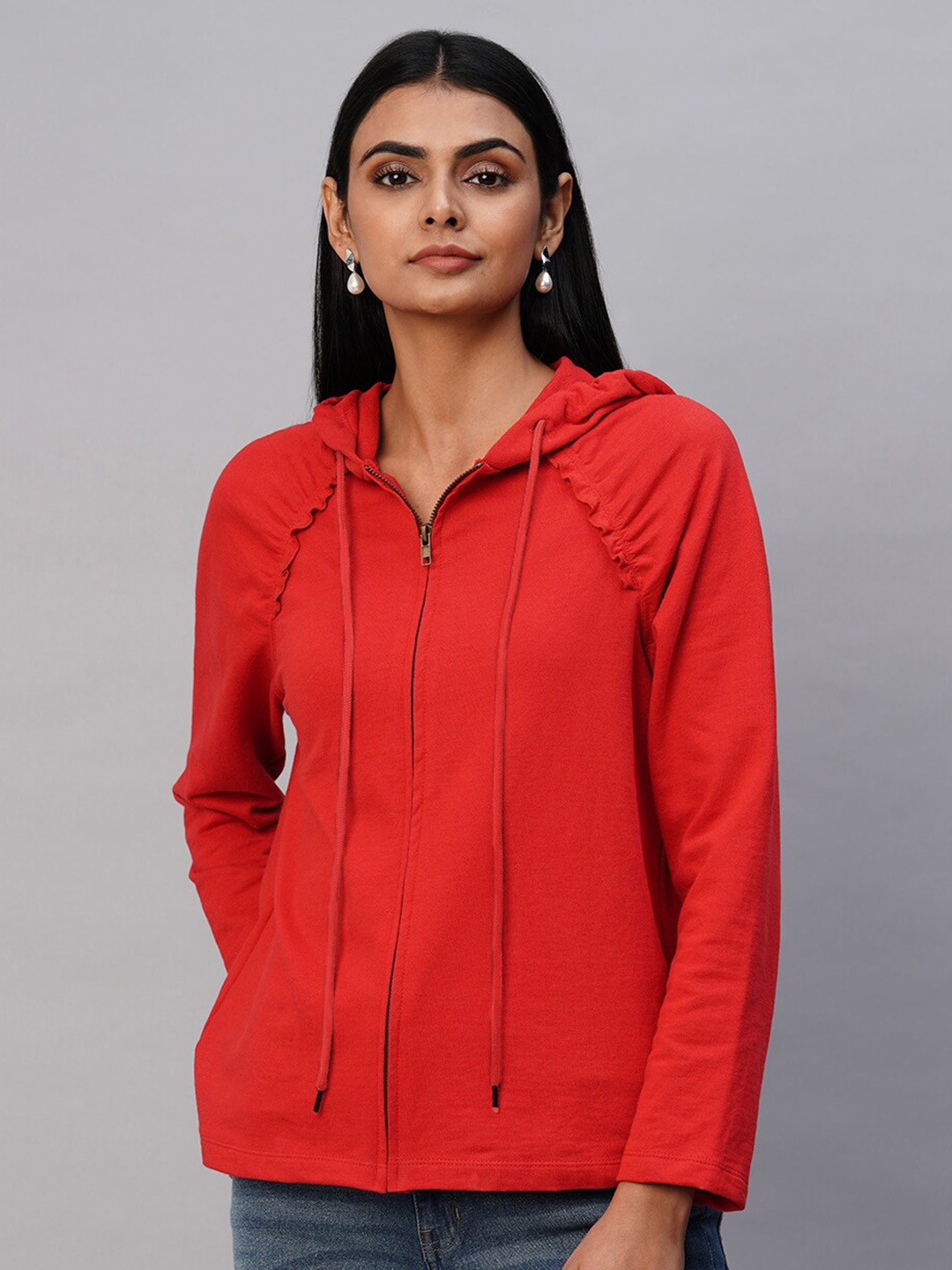 

Chemistry Hooded Raglan Sleeves Ruffles Shirt Style Top, Red