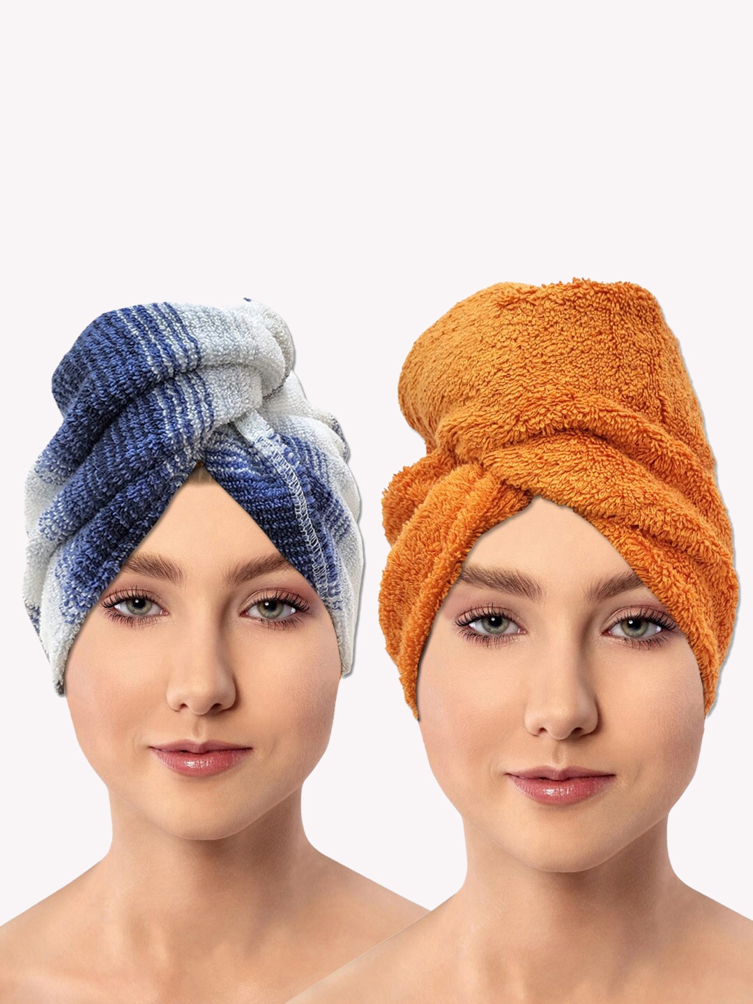 

AVI Living Blue & Orange 2-Pieces Self-Designed 600 GSM Pure Cotton Hair Wrap Towels