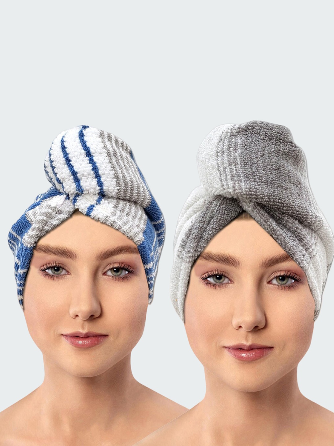 

AVI Living Blue & Grey 2-Pieces Striped 650 GSM Pure Cotton Sustainable Hair Wrap Towels