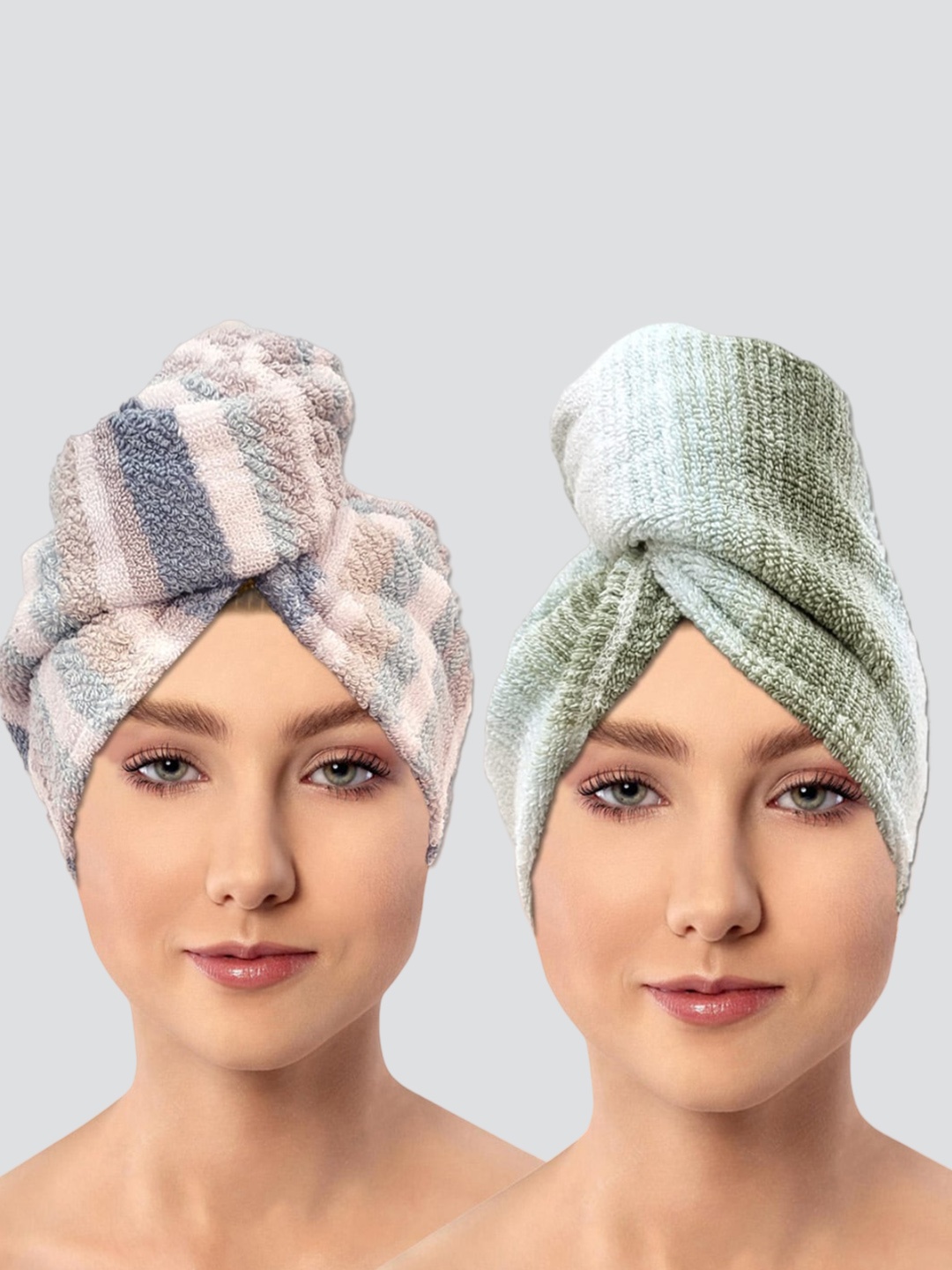 

AVI Living 2 Pcs Green & Pink 600 GSM Pure Cotton Hair Wrap Towels