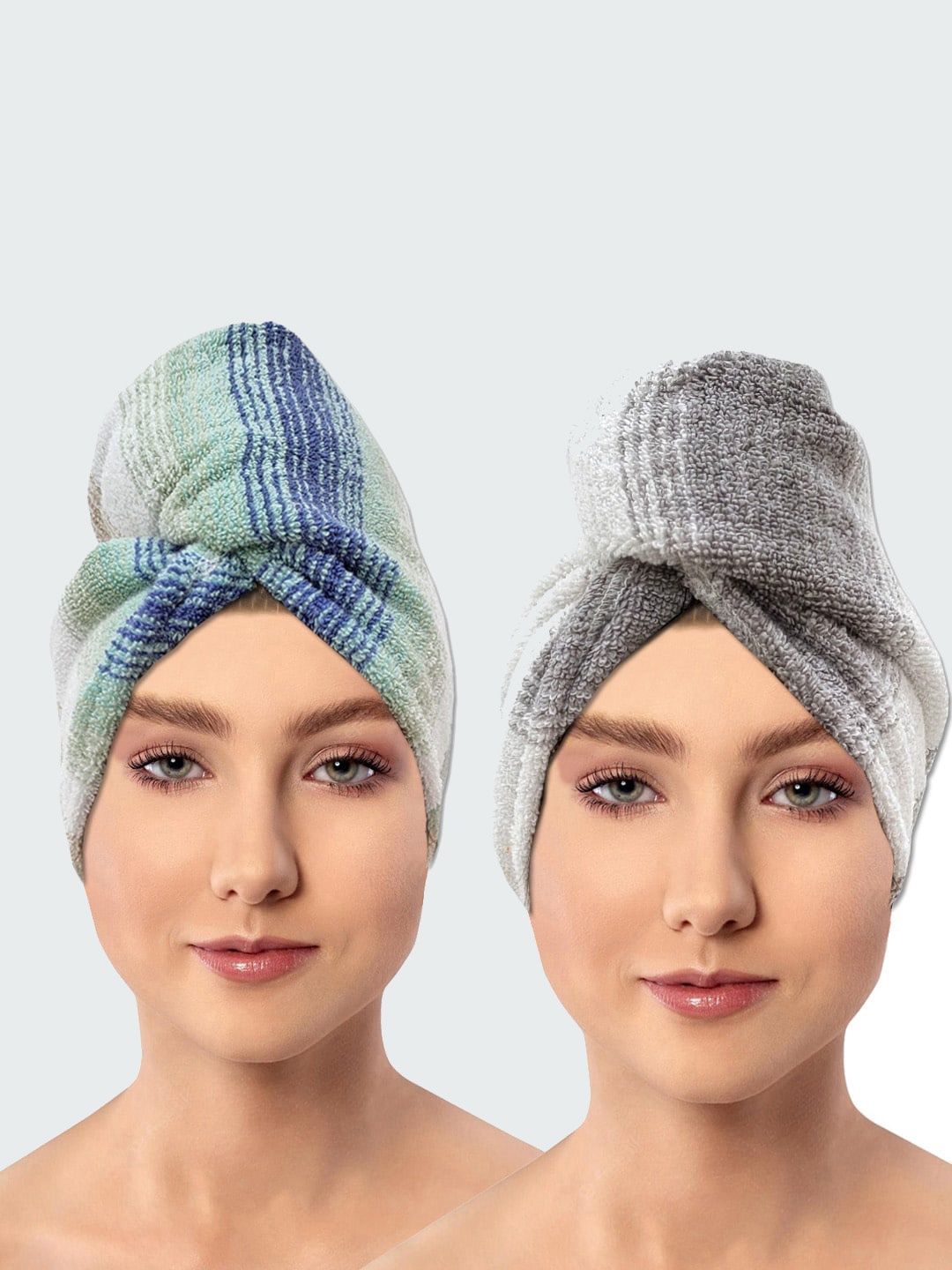 

AVI Living Turquoise-Blue & Grey 2 Pieces Striped 600 GSM Pure Cotton Hair Wrap Towels