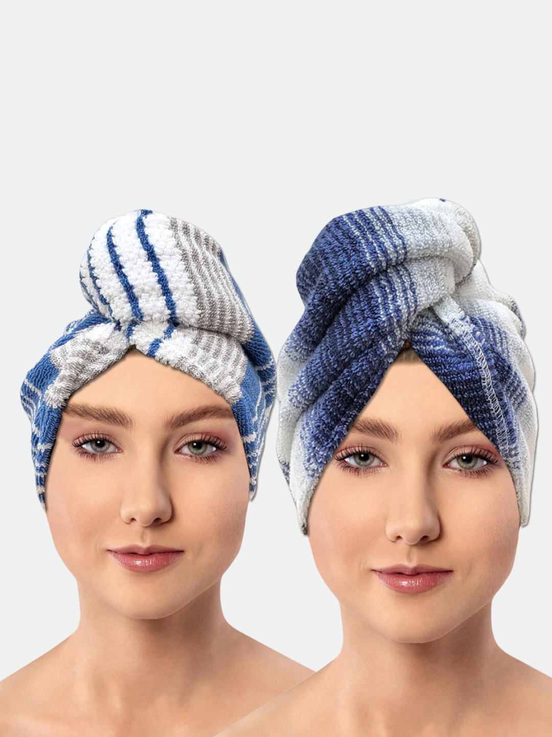 

AVI Living Blue & White 2 Pieces Striped 600 GSM Pure Cotton Hair Wrap Towels