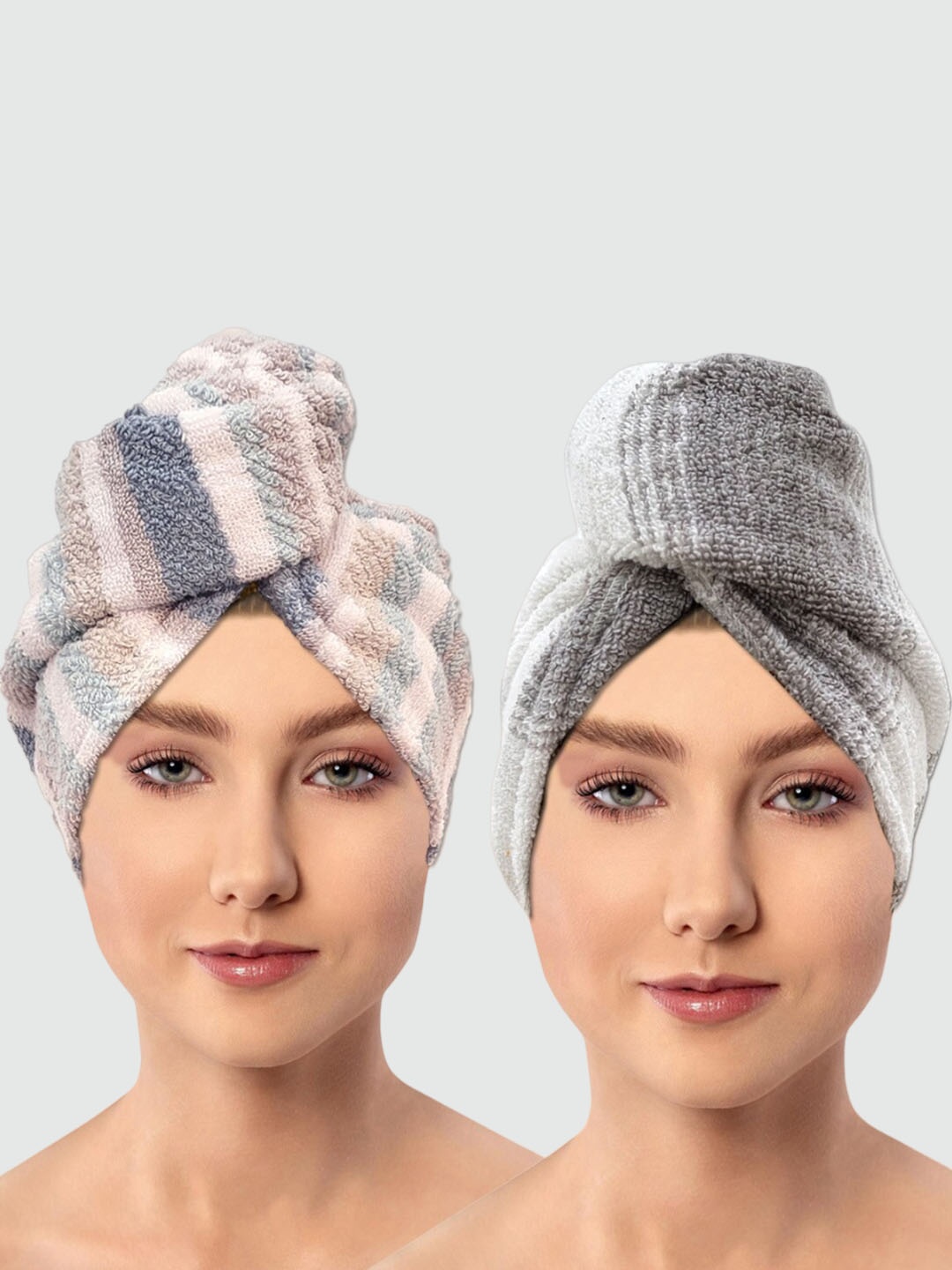 

AVI Living Mint Green & Grey 2 Pieces 600 GSM Pure Cotton Hair Wrap Towels