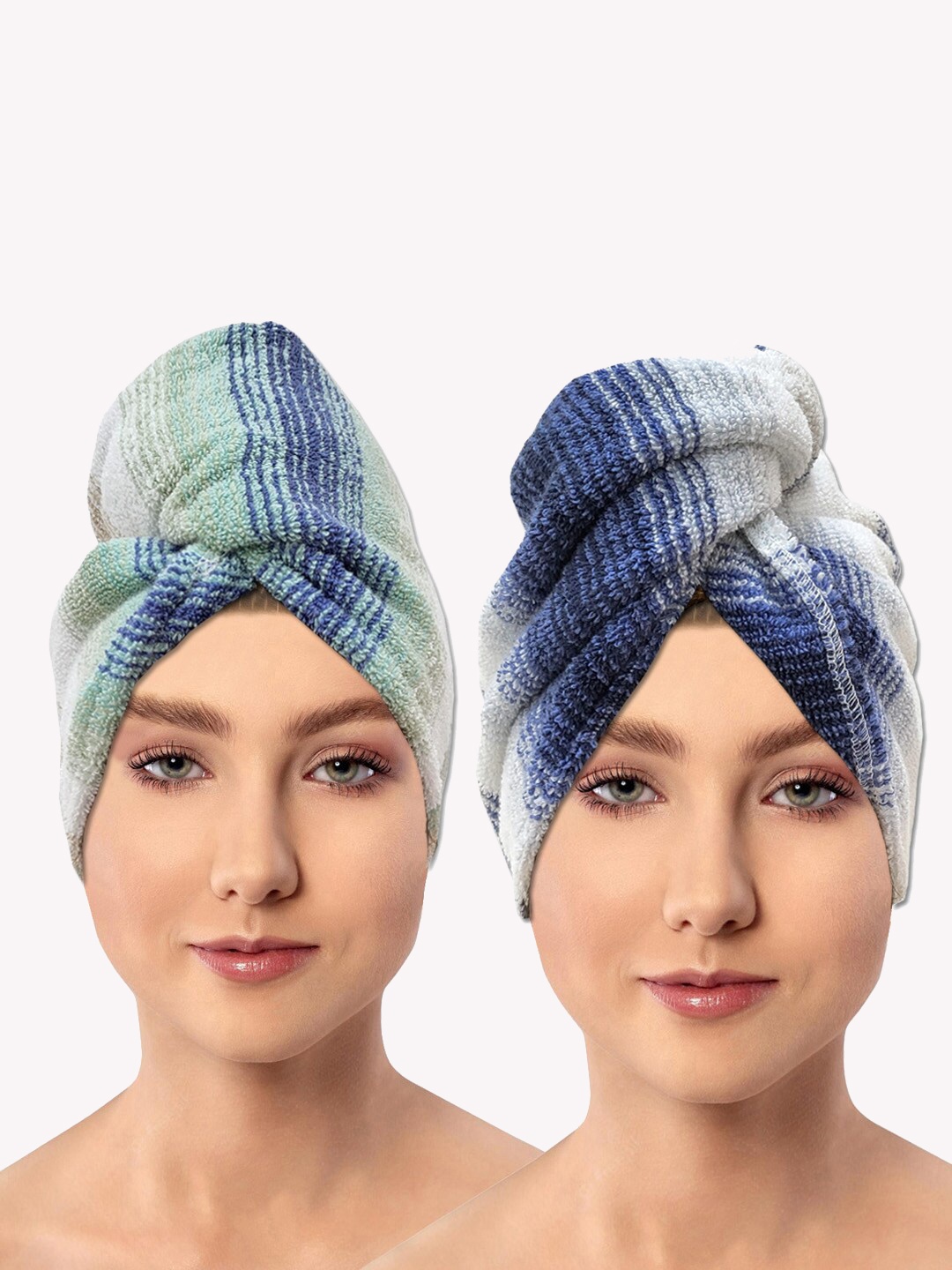 

AVI Living White & Blue 2 Pieces Striped 600 GSM Pure Cotton Hair Wrap Bath Towels