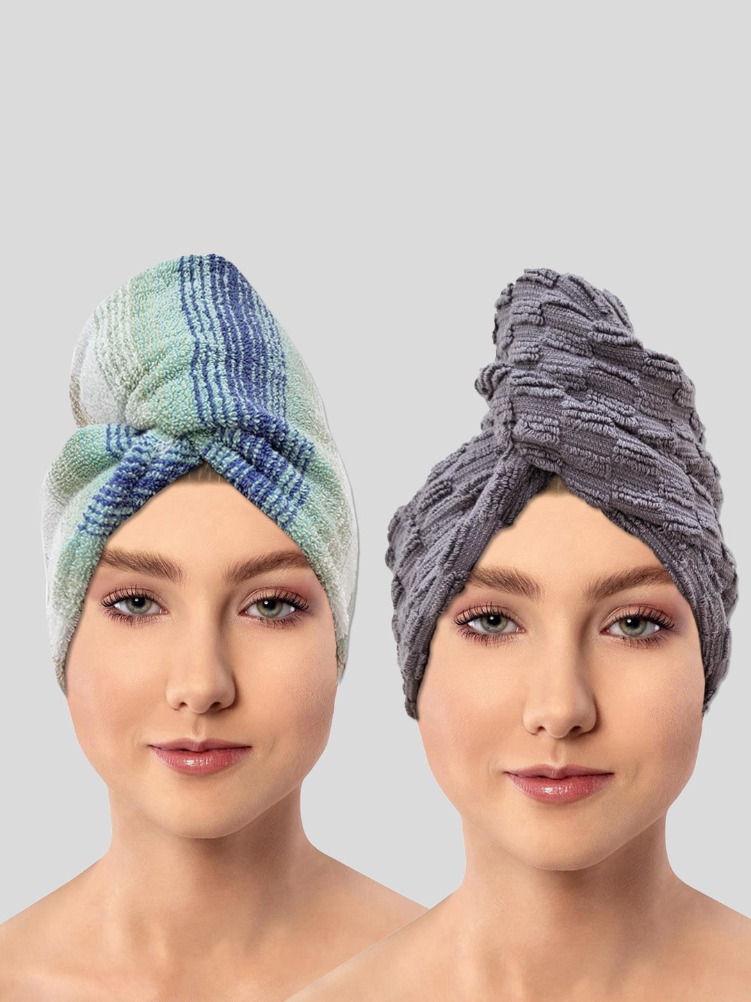

AVI Living Turquoise-Blue & Grey 2 Pieces 600 GSM Pure Cotton Hair Wrap Towel