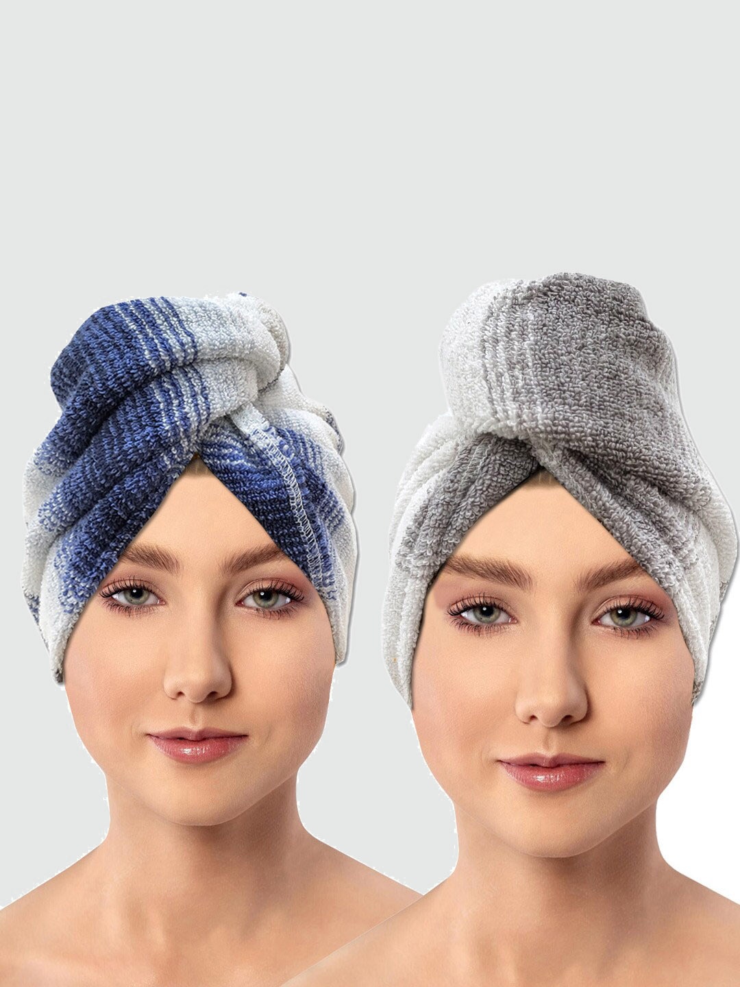 

AVI Living Blue & Grey 2 Pieces Striped 600 GSM Pure Cotton Hair Wrap Bath Towels