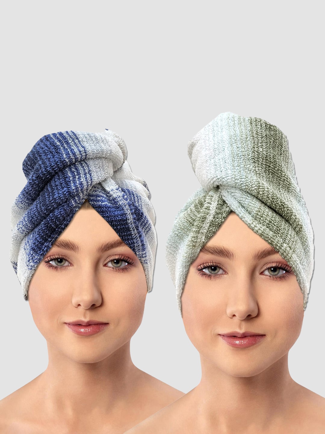 

AVI Living Blue & Green 2 Pieces Striped 600 GSM Pure Cotton Hair Wrap Towels