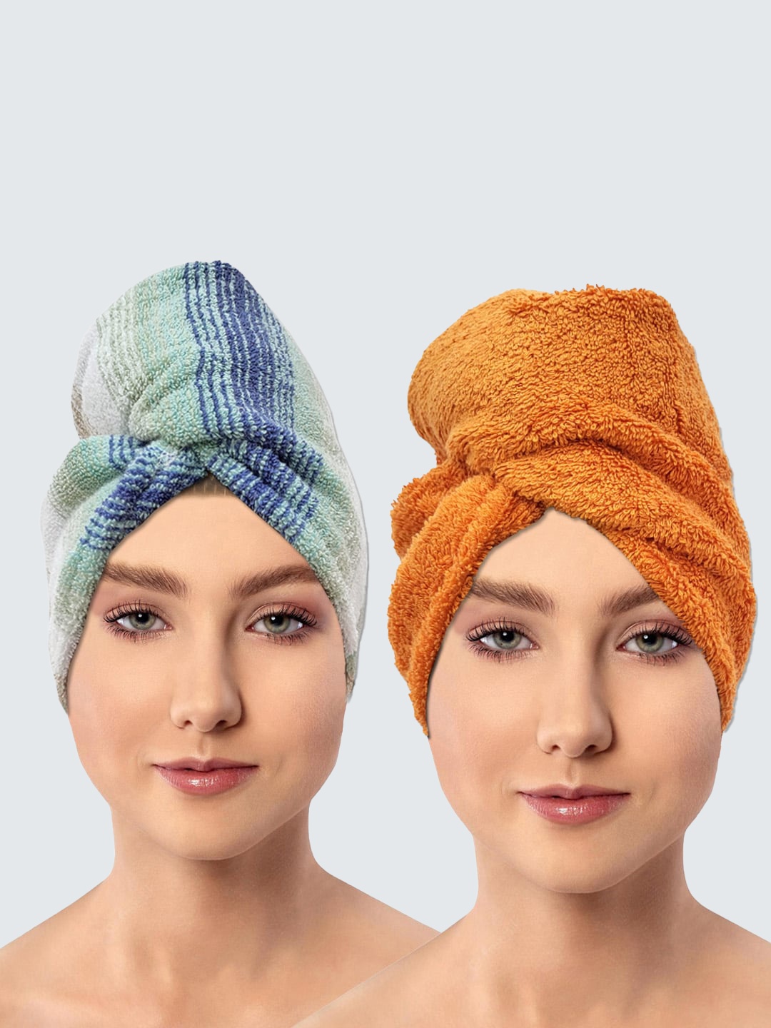

AVI Living 2 Pcs Turquoise Blue & Orange 600 GSM Pure Cotton Hair Wrap Towels