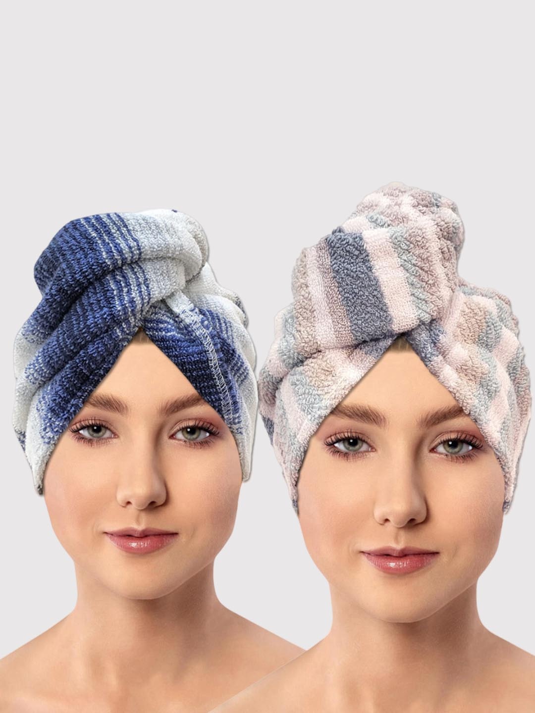 

AVI Living 2 Pcs Blue & Pink Striped 600 GSM Pure Cotton Hair Wrap Towels