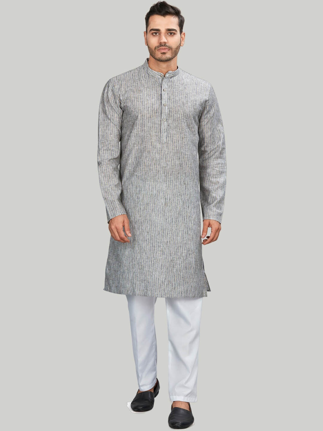 

Authentics Striped Mandarin Collar Kurta with Pyjamas, Grey