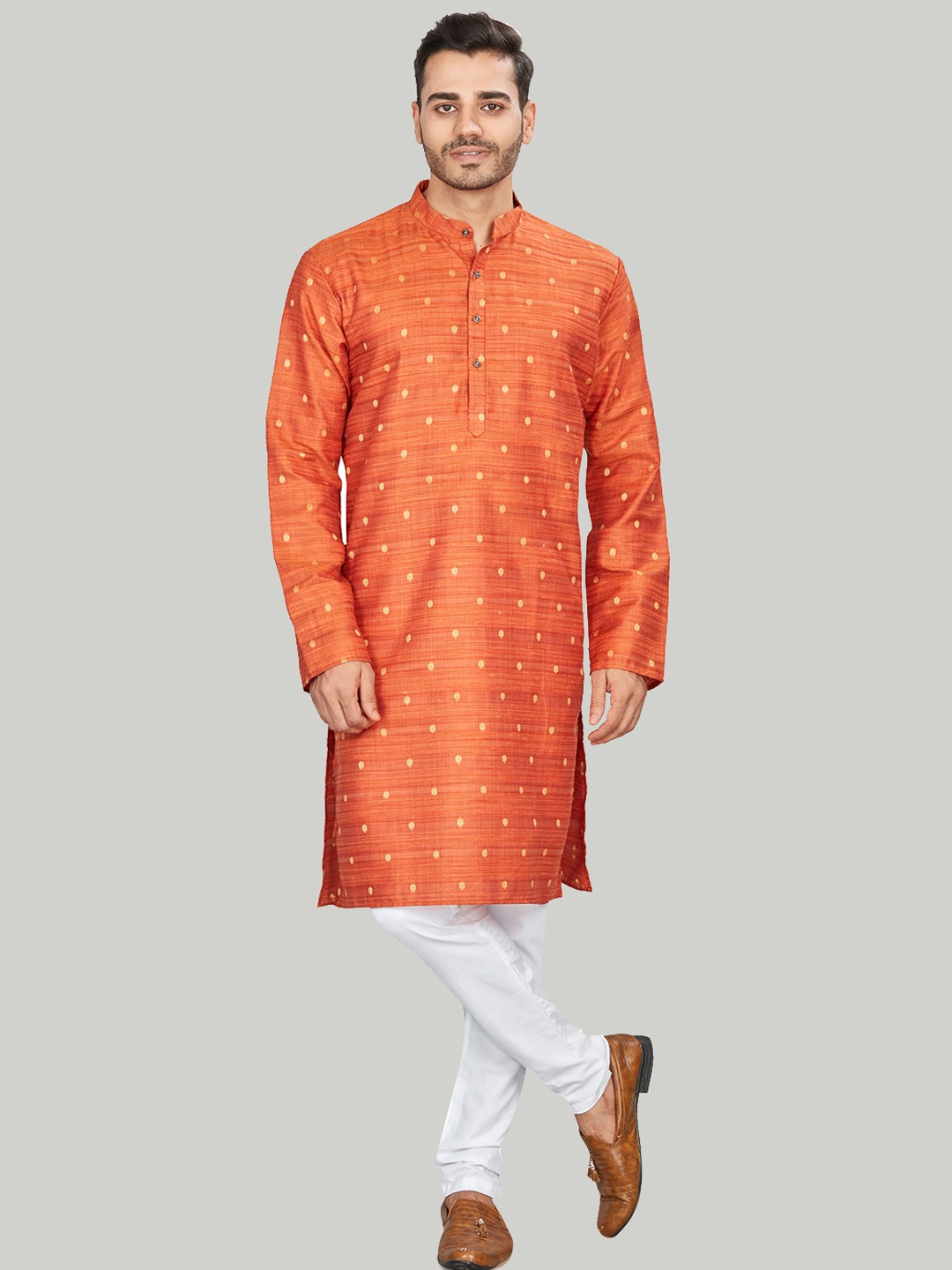 

Authentics Polka Dot Mandarin Collar Kurta with Pyjamas, Orange