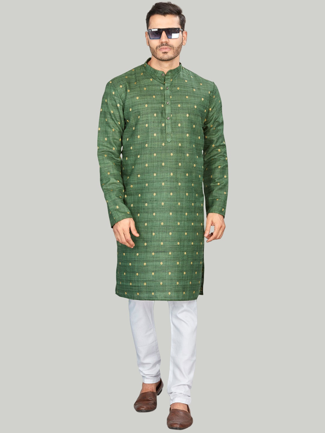 

Authentics Ethnic Motifs Woven Design Mandarin Collar Regular Kurta With Pyjamas, Green