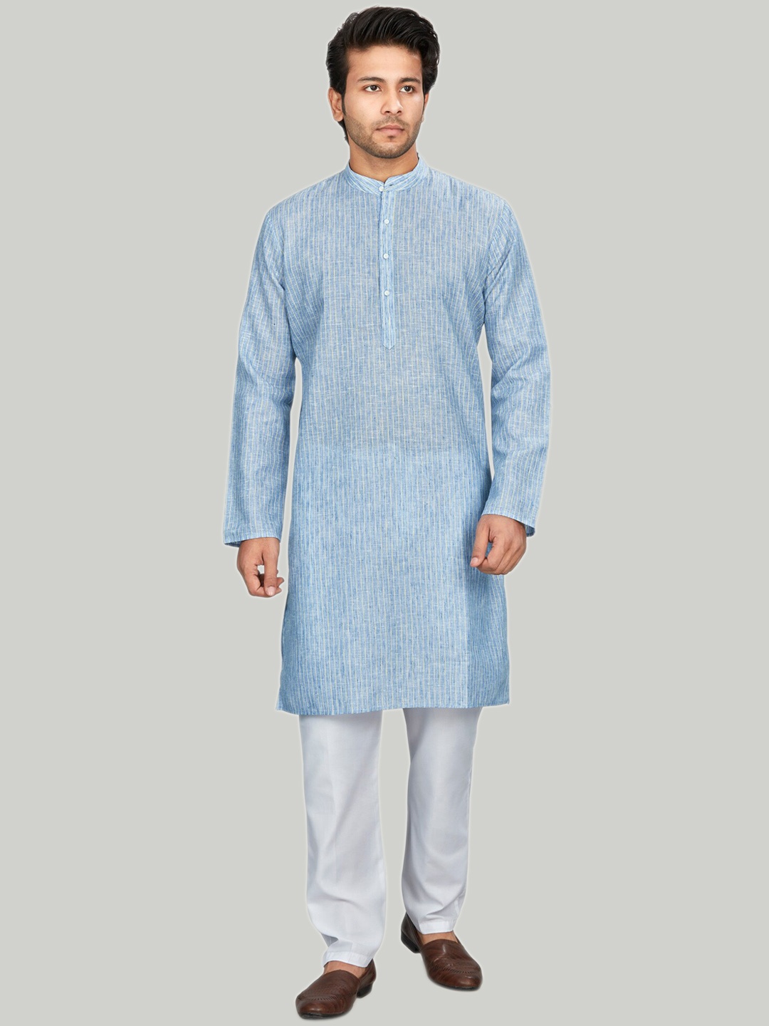 

Authentics Striped Mandarin Collar Kurta with Pyjamas, Blue