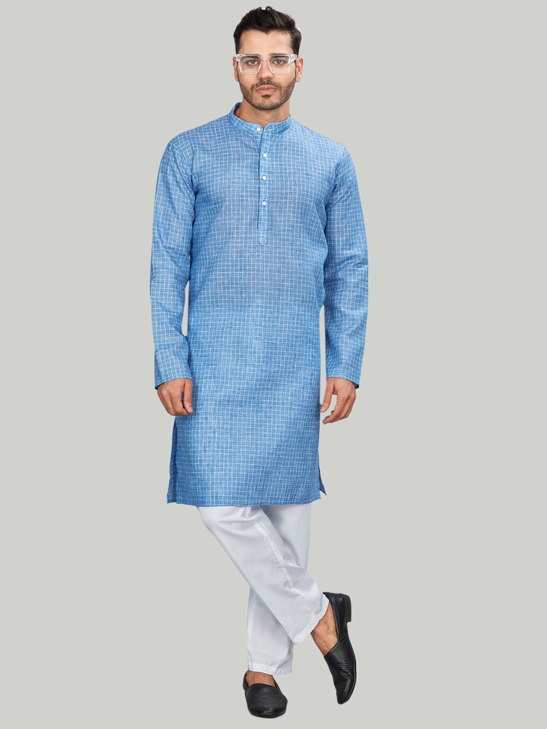 

Authentics Checked Mandarin Collar Kurta with Pyjamas, Blue