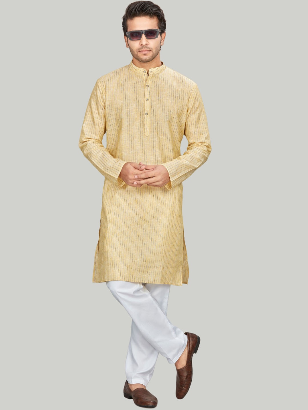 

Authentics Striped Band Collar Straight Kurta With Pyjama, Yellow