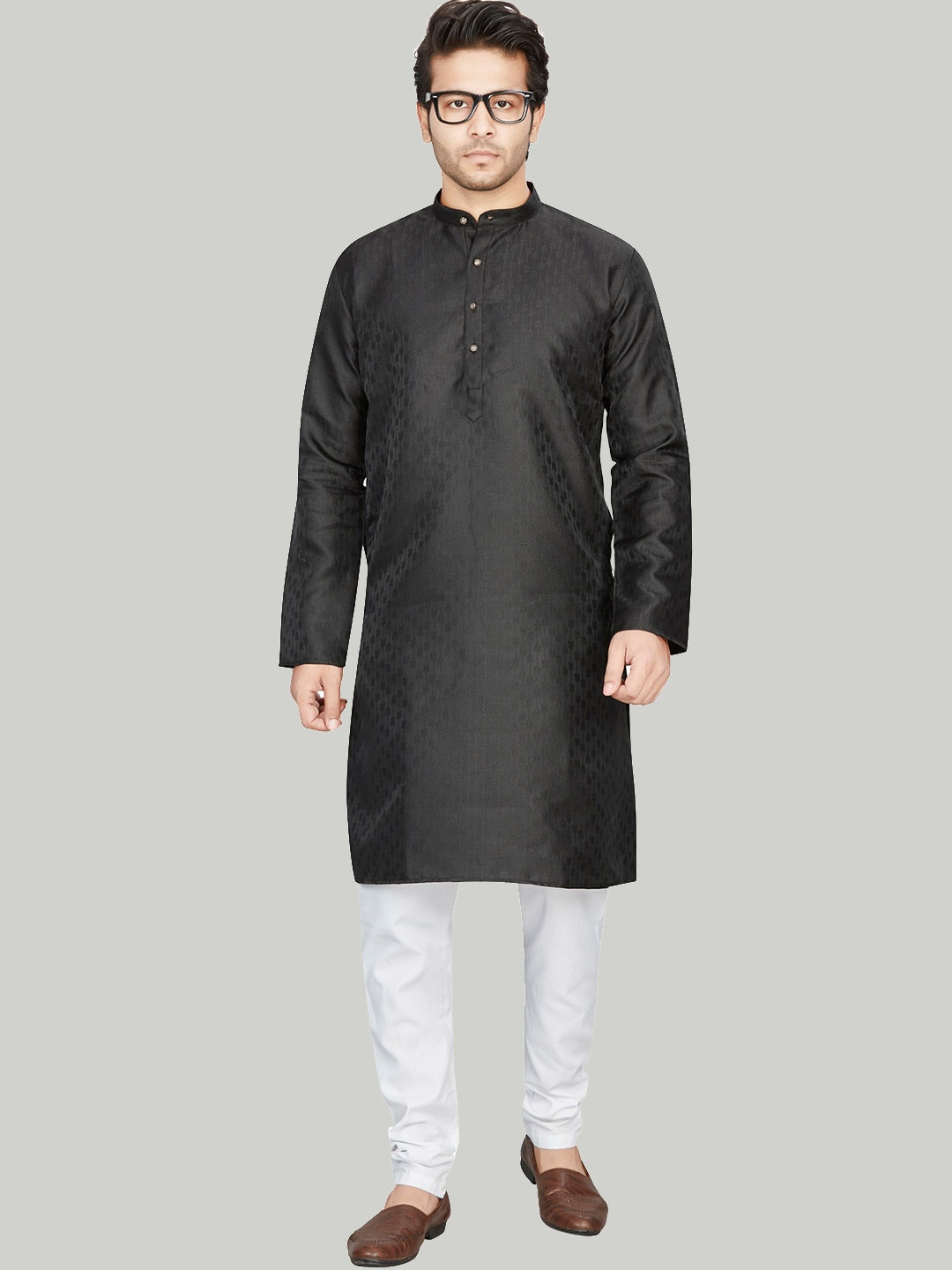 

Authentics Ethnic Motifs Woven Design Band Collar Straight Kurta With Churidar, Black