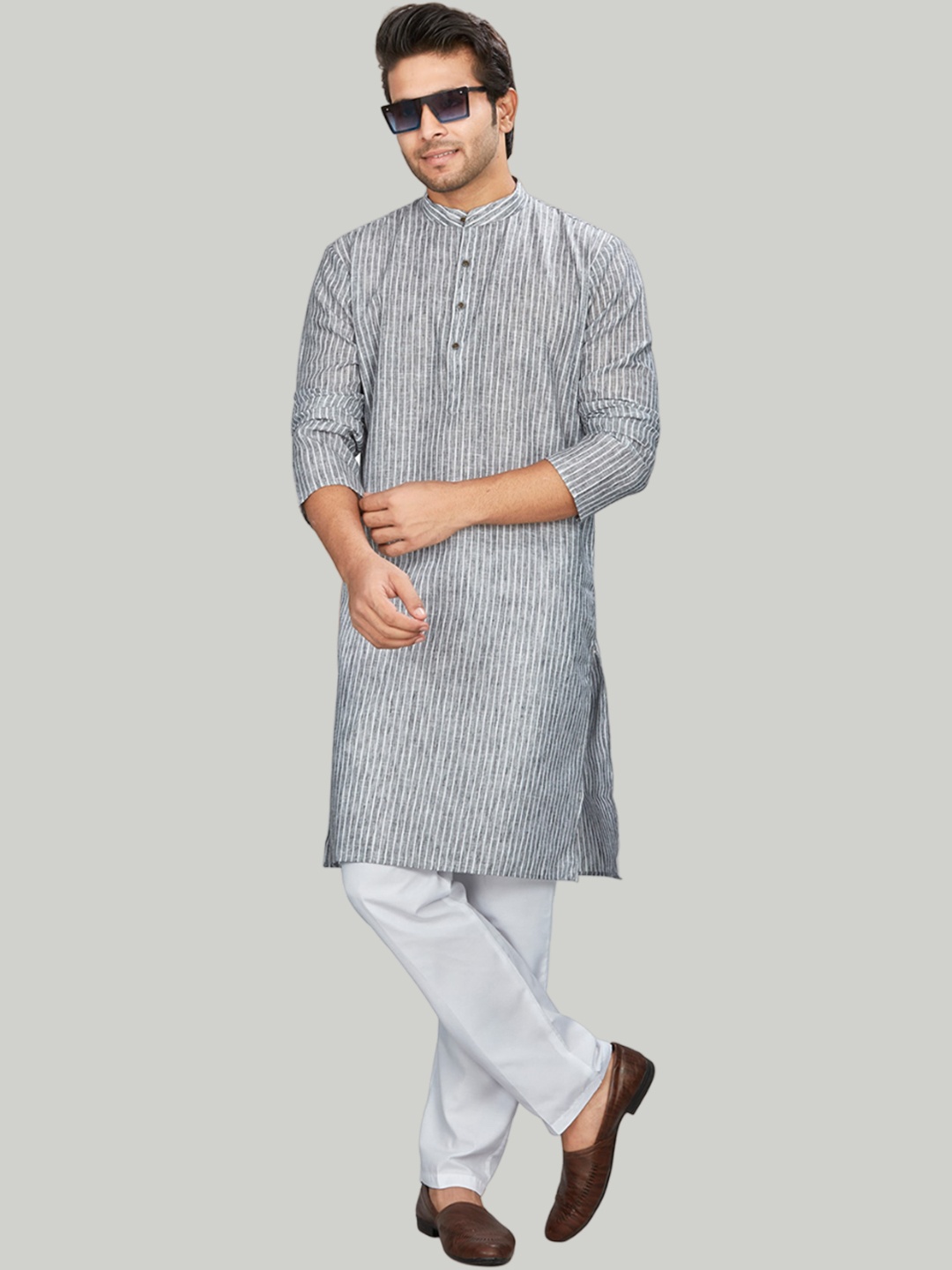 

Authentics Striped Band Collar Straight Kurta With Pyjama, Grey