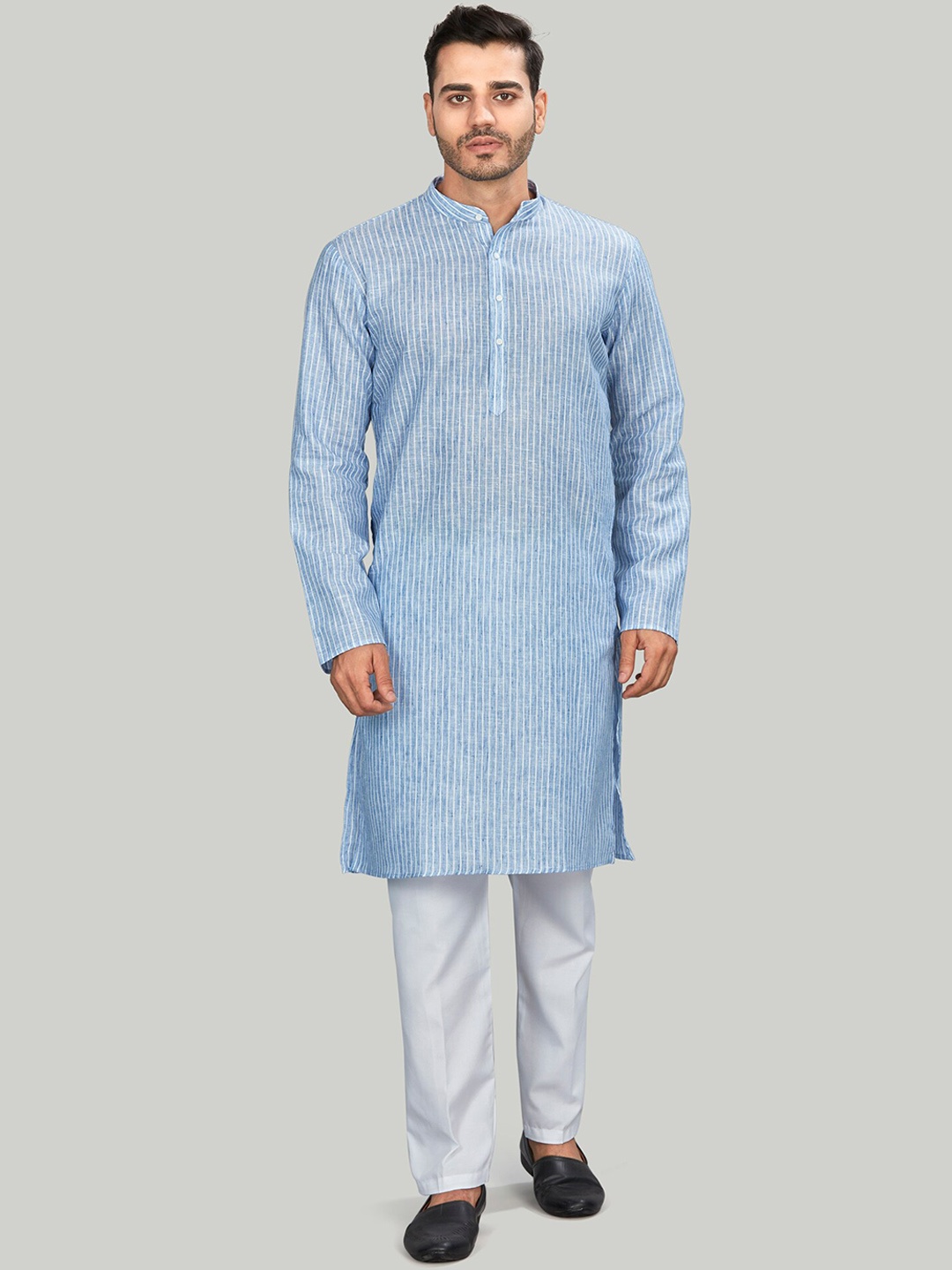 

Authentics Striped Mandarin Collar Regular Kurta With Pyjamas, Blue